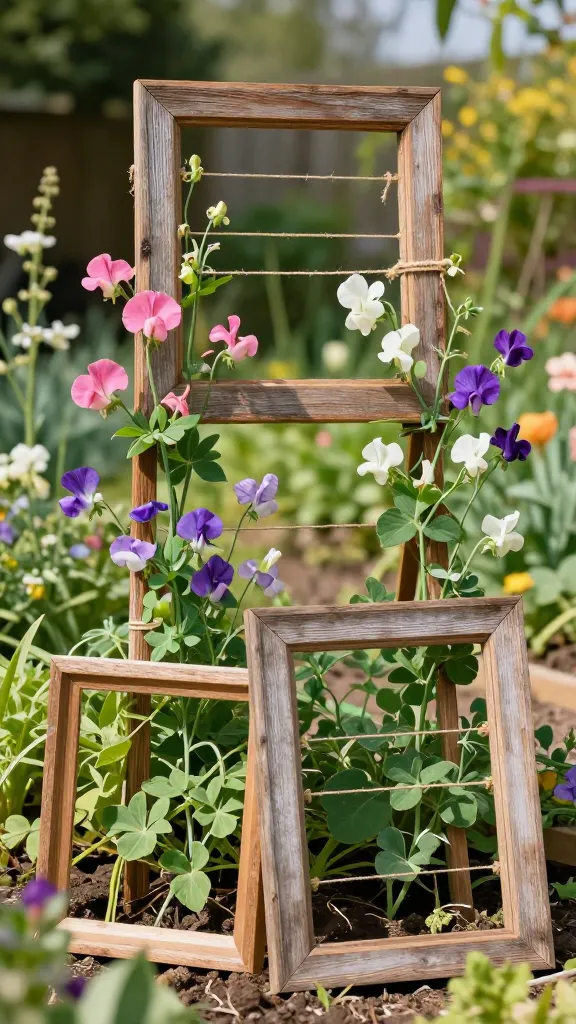 High-quality, realistic photograph capturing a charming outdoor scene. Several repurposed, sturdy old wooden picture frames, with their glass and backing removed, stand upright in a vibrant garden bed, functioning as whimsical art trellises. The frames exhibit a natural wood finish, showing subtle grain and weather-treated texture. Thin, natural-colored twine is intricately strung across the open centers of the frames, providing support for an abundance of small climbing plants. Lush, vibrant green vines of sweet peas and morning glories gracefully intertwine with the twine and frame edges, bursting with bright floral hues of pink, purple, and white blossoms. Sunlight bathes the scene, creating soft shadows and highlighting the natural beauty. The background is a softly blurred array of additional garden foliage and warm earth tones, enhancing the natural, inviting atmosphere.