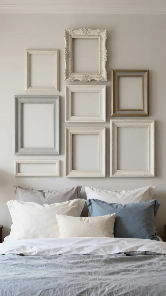 Realistic, high-angle photograph of a tranquil and sophisticated bedroom. An eclectic cluster of repurposed empty picture frames serves as a unique, personalized headboard accent, artfully arranged above a luxurious bed. The frames are of various sizes and styles, some ornate and some simple, all uniformly painted in a soft off-white or light grey. The bed features plush bedding in creamy whites, soft greys, and muted blues, with layered textures. Soft, diffused natural light streams into the room, highlighting the textures and creating a serene, boutique hotel atmosphere. No text.