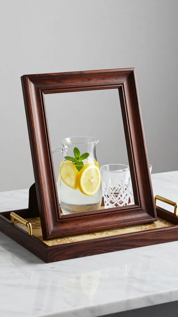 A high-resolution, professional studio photograph of a beautifully repurposed large, rectangular old picture frame serving as a decorative tabletop tray. The frame features a rich, dark mahogany wood finish, polished to an elegant sheen. Its base is inlaid with a glossy, subtly patterned decorative paper in warm, cream and gold tones, reflecting a touch of vintage charm. Two sturdy, polished brass handles are securely attached to the short sides of the frame. The tray is elegantly arranged on a smooth, light grey marble countertop, holding a small, clear glass pitcher of iced water with vibrant yellow lemon slices and a sprig of fresh mint, alongside two delicate crystal tumblers. Soft, natural light illuminates the scene from the side, creating subtle highlights and shadows, emphasizing the textures and metallic gleam. The composition is chic, inviting, and highlights the handmade charm. Realistic, shallow depth of field, no text.