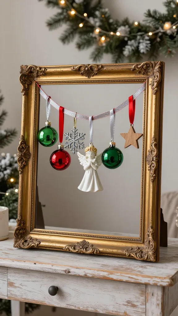 A high-quality, realistic photograph of a charming, repurposed medium-sized antique gold and ornate wooden picture frame, with its glass and backing removed, serving as a whimsical Christmas ornament display. Several shimmering silver and delicate red satin ribbons are strung horizontally across the frame's opening. From these ribbons hang a curated collection of cherished Christmas ornaments, including traditional glossy red and green glass baubles, a sparkling silver snowflake, a delicate white porcelain angel, and a small handcrafted wooden star. The frame is prominently displayed on a rustic, whitewashed wooden console table, with a softly blurred background hinting at festive evergreen garlands adorned with warm, twinkling fairy lights and subtle snowy white decor, creating a cozy and elegant holiday focal point. Professional studio lighting, shallow depth of field, no text.
