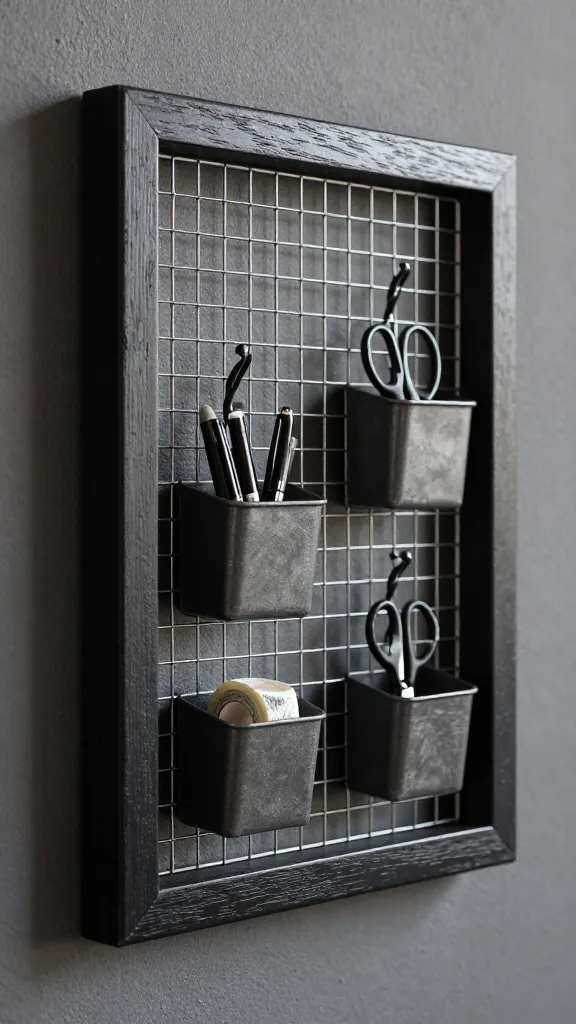 A high-quality, realistic photograph of an industrial chic wall organizer. A large, robust, distressed dark wood picture frame, painted in gritty matte black, is mounted on a textured, dark grey wall. The frame's original glass has been replaced with a metallic silver wire mesh insert. Several black S-hooks are attached to the mesh, from which hang small, rectangular, dark grey metal baskets. One basket holds a few black pens and a small pair of silver scissors, another contains a roll of patterned washi tape. The lighting is natural and slightly diffused, highlighting the raw textures of the wood, metal, and mesh. The background is subtly blurred to keep the focus sharply on the organizer. No text on image.