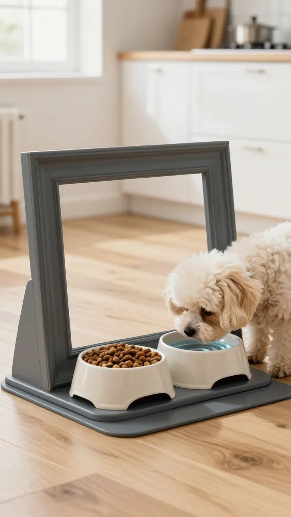 A high-quality, realistic photo of a stylish pet feeding station. A large, flat, repurposed antique picture frame, stripped of its glass and backing, is painted a sophisticated matte charcoal gray and serves as a chic placemat on a light oak hardwood floor. Inside the frame's opening, two modern, ceramic pet bowls are perfectly nestled: one filled with dry kibble and the other with fresh water. The bowls are a creamy off-white, complementing the frame's color. A small, fluffy, light-colored dog, such as a Bichon Frise or Maltese, is gently sniffing the food bowl, adding a touch of warmth and life to the scene. The background subtly reveals a clean, bright, modern kitchen or living area, illuminated by soft, natural light from a nearby window, emphasizing a practical yet elegant integration into home decor.