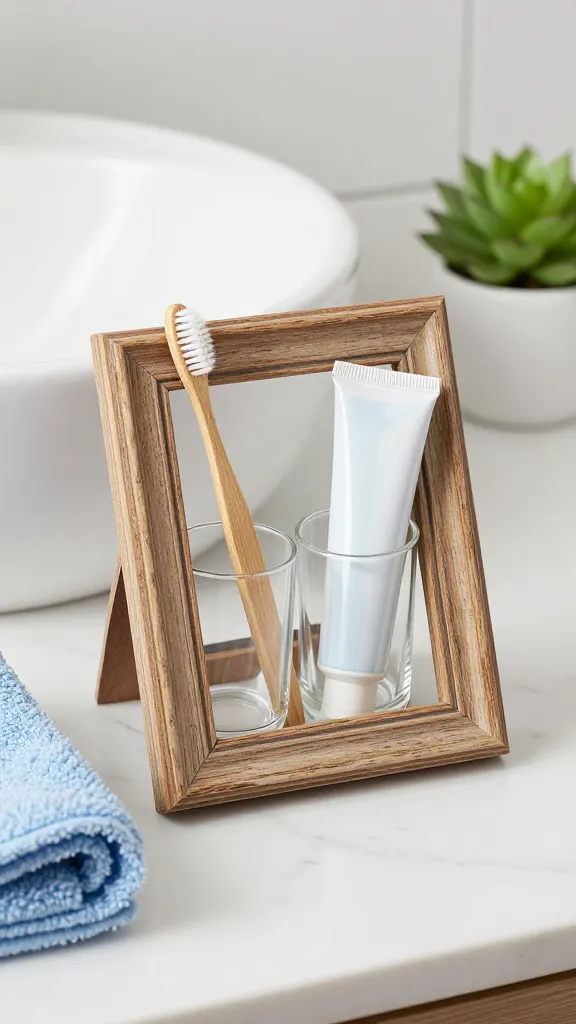 A high-quality, realistic close-up photo of a charming, repurposed toothbrush holder on a clean, crisp white marble bathroom countertop. The holder is a small, decorative natural wood picture frame, intricately carved with a subtle antique finish, standing upright with its glass and backing removed. Within the frame's opening, two small, clear glass tumblers elegantly hold a pair of toothbrushes with natural wood handles and a tube of minimalist white toothpaste. The scene is bathed in soft, diffused natural light, emphasizing the fresh blues of a neatly folded hand towel nearby and the crisp whites of the ceramic sink in the background. A small, vibrant green succulent in a white ceramic pot adds a touch of natural elegance. The overall aesthetic is clean, spa-like, and subtly whimsical. Sharp focus on the toothbrush holder, no text.