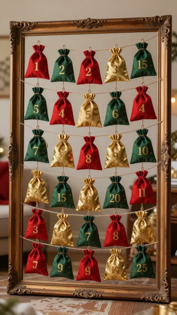 A high-resolution, realistic photograph capturing a charming DIY advent calendar display. A large, ornate vintage wooden picture frame, stripped of its glass and backing, is repurposed as the central element. Several lines of natural jute twine are strung horizontally across the open frame. From these lines hang 25 small, fabric drawstring bags in a traditional Christmas color palette of deep reds, forest greens, and shimmering golds. Each bag is subtly numbered from 1 to 25 with elegant, small golden embroidery or painted stencils. The frame is positioned against a warm, slightly blurred background, possibly a cozy living room wall, with soft, ambient festive lighting. The scene evokes a sense of cherished holiday tradition and festive anticipation. No text on the image.
