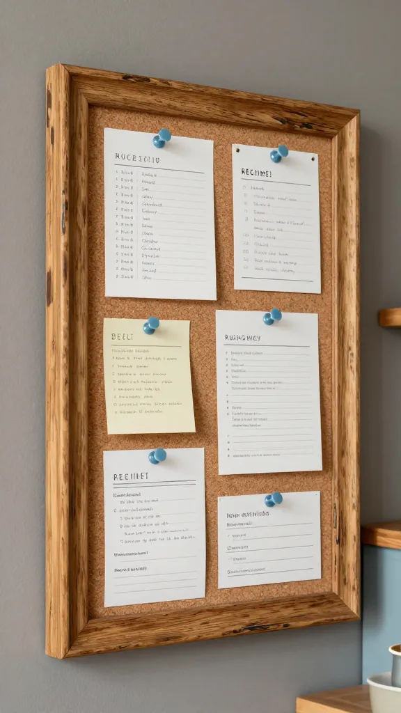 A high-quality, realistic close-up photo of a chic recipe memo board, repurposed from a medium-sized, natural wood picture frame with a subtly distressed finish. The frame's glass has been replaced with a clean corkboard insert. Several different recipe cards, some appearing handwritten with culinary notes and others neatly printed with dish names, are pinned to the corkboard using small, decorative pushpins featuring soft blue ceramic tops. The memo board is mounted on a warm grey kitchen wall, with a glimpse of a soft blue kitchen counter and natural wood accents visible in the gently blurred background. The scene is bathed in soft, natural light, highlighting the textures of the wood, cork, and paper, conveying a sense of functional organization and homey comfort.