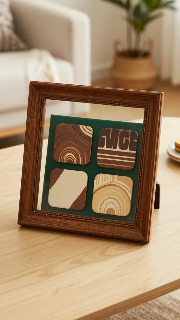 A close-up, high-angle, realistic photo showcasing a repurposed antique wooden picture frame serving as a decorative coaster display in a cozy living room. The small, sturdy frame features an ornate, earthy brown finish and rests flat on a warm cream-colored wooden coffee table. Inside the frame, the glass and backing have been removed and replaced with a neatly cut piece of deep green felt, forming a shallow, inviting base. A set of four elegant, artisanal coasters, featuring earthy brown patterns and warm cream accents, are neatly arranged within the felt-lined frame. Soft, natural light illuminates the scene, highlighting the textures and creating a grounded, inviting atmosphere. In the softly blurred background, hints of a comfortable living room can be seen, such as a textured throw blanket or a potted plant. High-quality product photography, sharp focus on the frame and coasters, shallow depth of field, no text.