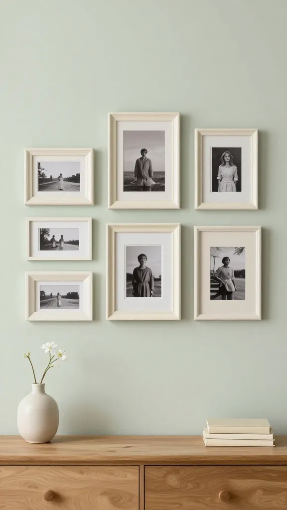 A high-quality, realistic photograph capturing a serene bedroom wall display. A collection of repurposed old picture frames, varying in size and shape, are painted a unified soft, creamy off-white color, creating a cohesive and calming aesthetic. These frames prominently feature cherished black and white or sepia-toned photographs, artfully arranged on a quiet wall space above a minimalist natural wood dresser. The wall is painted a very pale, soft sage green, complementing the creamy frames and natural wood tones. Soft, diffused natural light illuminates the scene, enhancing the peaceful and personal atmosphere. A minimalist ceramic vase with a single delicate white bloom and a small stack of cream-colored books are subtly placed on the dresser. The overall composition emphasizes tranquility and cherished memories. No text on images.
