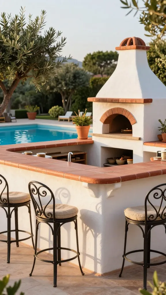A luxurious Mediterranean-style outdoor kitchen and pool bar, bathed in the warm, golden light of a late afternoon. The focal point is a pristine white stucco bar topped with a rich terracotta tile countertop, evoking classic European charm. Elegant wrought iron bar stools with intricate scrollwork details and plush natural linen cushions are neatly arranged in front of the bar. To one side, a rustic, built-in wood-fired pizza oven, finished with matching white stucco and terracotta accents, is prominently featured. In the background, a shimmering blue swimming pool is visible, surrounded by lush, sun-drenched Mediterranean landscaping, including potted olive trees and fragrant herbs, creating a serene and inviting 'sunset escape' atmosphere. High-resolution, realistic photography, natural light, inviting atmosphere, no text.