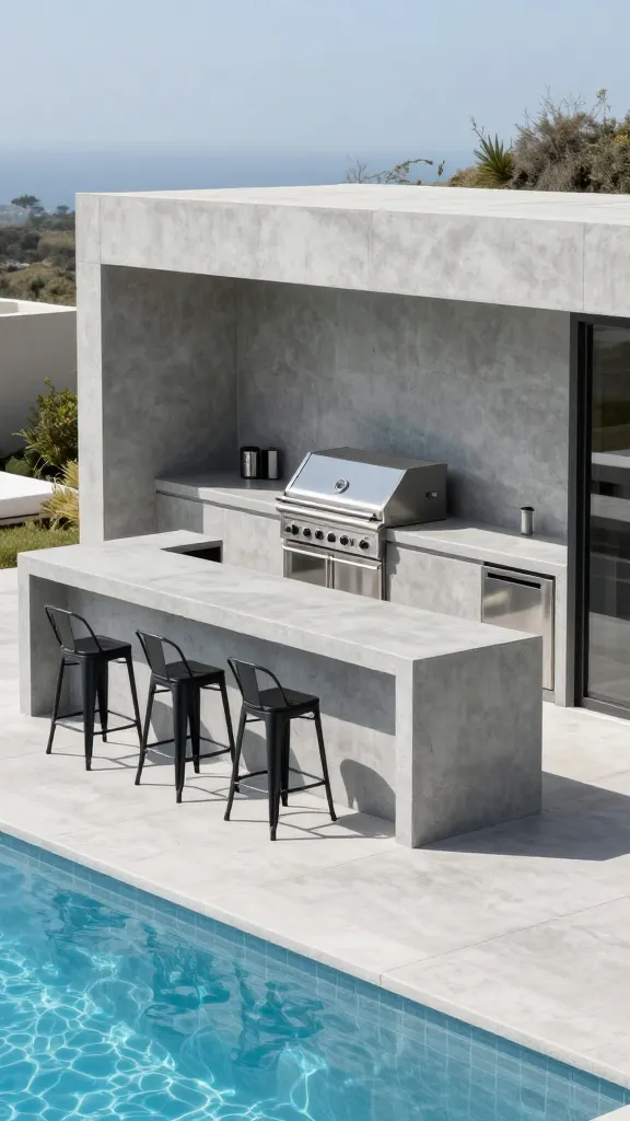 A high-definition, sun-drenched photograph of a modern minimalist outdoor kitchen and pool bar. The central feature is a sleek, L-shaped structure crafted from smooth, polished light grey poured concrete, showcasing sharp, clean architectural lines and industrial touches. A high-end, built-in stainless steel gas grill is seamlessly integrated into the concrete countertop, its surface gleaming under the bright sun. The concrete countertop extends effortlessly to form a sophisticated pool bar, where several powder-coated matte black metal bar stools with simple, ergonomic forms are neatly positioned. Subtly integrated stainless steel under-counter appliances, such as a refrigerator or sink, reflect the clear sky. The design embodies understated luxury, set against a backdrop of a sparkling blue swimming pool in the foreground and a minimalist patio with sparse, architectural landscaping in the background.