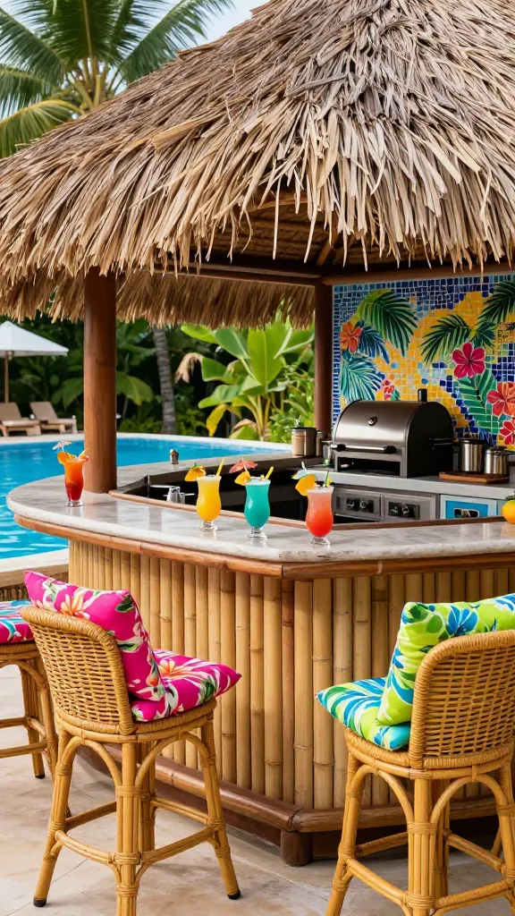 A high-quality, realistic photograph capturing a vibrant 'Tropical Tiki Bar Paradise' outdoor kitchen and pool bar setup. The centerpiece is a substantial bamboo-clad bar counter, crowned with an authentic, thick thatched roof that provides ample shade. On the polished bar surface, several visually appealing tropical cocktails, garnished with fresh fruit and tiny umbrellas, are artfully arranged. Guests are invited to relax on bright wicker bar stools, each featuring plush, bold floral cushions in vivid shades of fuchsia, turquoise, and lime green. Behind the bar, the integrated outdoor kitchen boasts a sleek, modern smoker for island-style BBQ, set against a stunning, colorful mosaic tile backsplash that gleams with patterns of palm fronds and hibiscus flowers. The scene is set beside a shimmering blue swimming pool, with lush tropical foliage in the background, exuding a laid-back, exotic island resort ambiance. Natural daylight illuminates the scene, highlighting textures and colors.