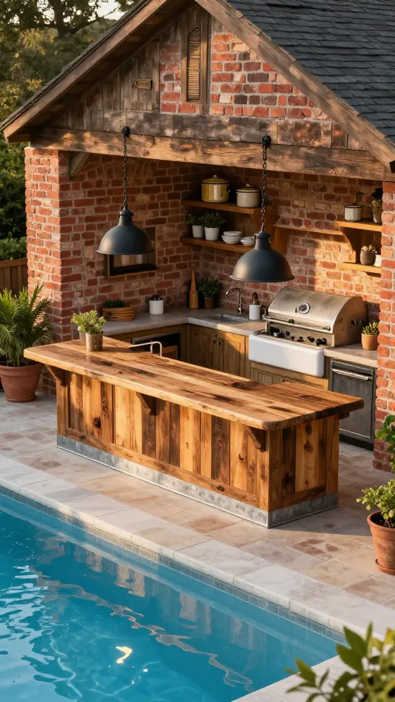 A high-angle, wide shot capturing a rustic farmhouse outdoor kitchen and integrated pool bar, bathed in warm, inviting daylight. The centerpiece is a substantial bar crafted from richly textured reclaimed wood, topped with a thick, distressed butcher block countertop that shows natural grain and character. Galvanized metal accents, such as a footrail or subtle trim, are incorporated into the bar's design. Two prominent black barn-style pendant lights hang gracefully above the bar, providing a focal point. Adjacent to the bar, the kitchen area features a large, classic white farmhouse sink with a gooseneck faucet. A robust grill station is faced with warm, earthy red bricks, exuding a cozy charm. Above the counter, open wooden shelving displays a curated collection of rustic items like vintage enamelware, small potted herbs, and simple ceramic dishes. In the foreground, a sparkling, clear blue swimming pool reflects the sky, seamlessly blending the country comfort with poolside relaxation. Lush, natural landscaping and potted green plants surround the area, enhancing the warm, welcoming, 'home away from home' atmosphere. The image should have a realistic, high-definition photographic quality with no text overlays.