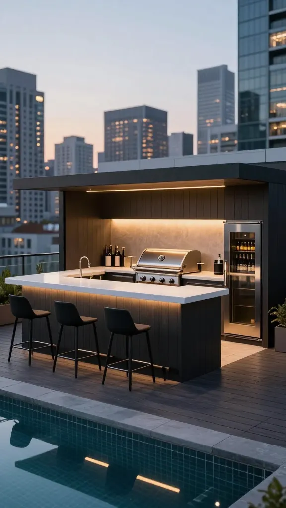 A wide-angle, eye-level, realistic photograph capturing a sleek urban rooftop retreat at dusk. The scene features a compact outdoor kitchen and an integrated pool bar, set against a softly blurred backdrop of a modern city skyline with twinkling lights. The built-in bar unit is clad in elegant dark charcoal composite decking panels, supporting a smooth, bright white quartz countertop. Three backless, matte black bar stools are neatly positioned, preserving open sightlines. Integrated seamlessly into the unit are a slim-profile stainless steel built-in grill and a matching beverage fridge. Adjacent to the bar, a small, rectangular plunge pool with dark tiling and subtle perimeter LED lighting adds to the luxurious, compact design. The overall aesthetic emphasizes clean lines, high-rise sophistication, and maximized style in a smaller footprint, with strategically placed warm ambient lighting. High-resolution, professional photography, no text.