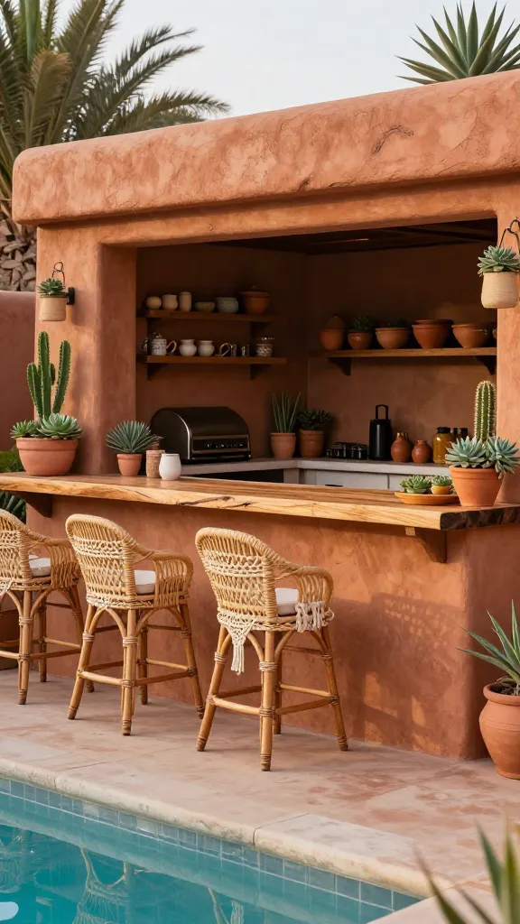 A high-quality, realistic photo capturing a vibrant Bohemian Desert Lounge outdoor kitchen and pool bar. The focal point is a warm adobe-hued stucco bar, topped with a rustic, live-edge wood slab, with several rattan bar stools featuring intricate woven details and macrame accents positioned invitingly. The bar overlooks a sparkling swimming pool, hinting at its function as a pool bar. Behind the bar, within the outdoor kitchen structure, a built-in smoker is visible, and open shelves proudly display a collection of earthenware dishes. Abundant succulents and cacti are strategically placed on shelves and bar surfaces, enhancing the earthy, free-spirited desert aesthetic. The scene is bathed in soft, warm natural light, emphasizing the relaxed and eclectic atmosphere.