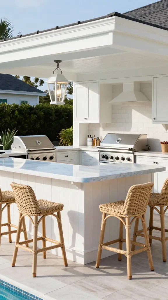 A high-quality, realistic photo capturing a sophisticated Coastal Hamptons Chic outdoor kitchen and pool bar in a sun-drenched backyard. The scene exudes an effortlessly elegant, light, and airy atmosphere, reminiscent of a Hamptons beach house. The focal point is a pristine white shiplap bar, topped with a smooth, light blue quartz countertop that reflects the soft daylight. Several stylish woven rattan bar stools are neatly arranged along the bar. Adjacent to the bar is the outdoor kitchen area, featuring a clean white cabinetry island with a subtle navy blue accent trim. A sleek stainless steel grill is seamlessly integrated into the countertop of this island. Natural wood tones from the stools complement the crisp whites and blues. A classic white Hamptons-style lantern hangs above the bar, providing a touch of warm ambient light. The surrounding area hints at a sparkling pool just out of frame, completing the luxurious outdoor living space. Bright, clear daylight, no text.