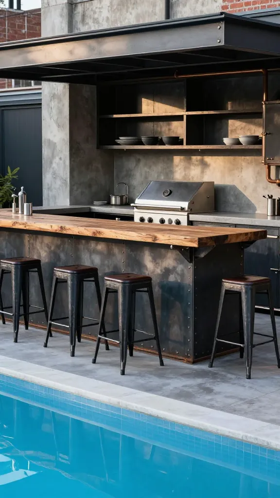 A high-resolution, professional architectural photograph of an industrial loft al fresco outdoor kitchen and pool bar. The bar features a base constructed from dark, exposed metal panels with visible rivets, topped with a thick, rough-hewn reclaimed wood slab countertop. Three distressed black metal bar stools with dark brown leather seats are positioned at the bar. Adjacent to the bar, the outdoor kitchen boasts a large, heavy-duty stainless steel grill integrated into a raw concrete countertop. Above the grill, industrial-style open shelving is crafted from dark metal and exposed copper piping, holding minimalist, utilitarian dishware. The entire setup is situated beside a sparkling blue swimming pool, with the pool's edge prominently featured in the foreground. The background suggests an urban industrial environment, with hints of exposed brick or concrete walls. The lighting is natural, late afternoon sun, emphasizing the raw textures and creating a cool, edgy atmosphere. No text on image.
