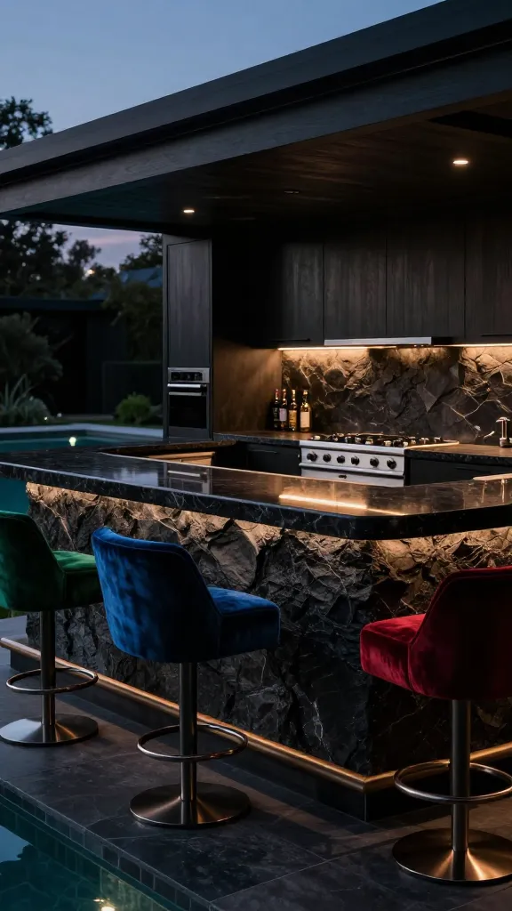 A dramatic, opulent outdoor kitchen and pool bar after dusk, exuding a sophisticated, dark, and moody luxe ambiance. The prominent bar is clad in richly textured dark charcoal stone, topped with a gleaming, highly polished black granite countertop that subtly reflects the ambient light. Three luxurious velvet-upholstered outdoor bar stools in deep jewel tones – one emerald green, one sapphire blue, and one dark ruby red – are positioned invitingly at the bar. The integrated kitchen area features sleek black stainless steel appliances set within matte black composite wood cabinetry, complemented by matching black granite countertops. Subtle, warm LED strip lighting illuminates under the bar and cabinetry, casting soft glows and creating an air of mystery and extravagance. A dark-tiled swimming pool with gentle underwater lighting is visible in the background, reflecting the deep twilight sky. The scene is captured with hyper-realistic detail and cinematic lighting, emphasizing rich textures and deep colors.