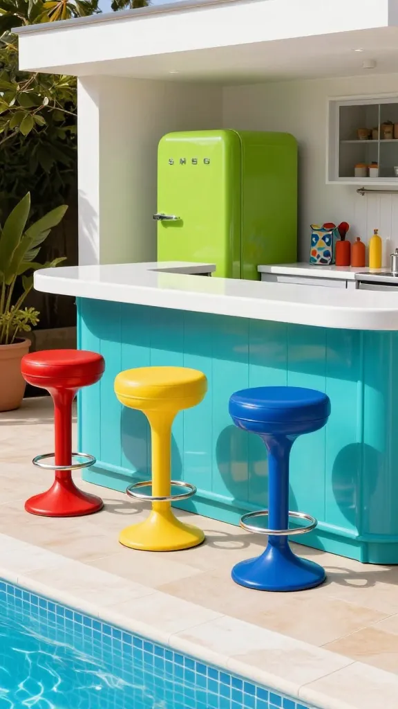 A vibrant, professional high-resolution photo of a retro pop art outdoor kitchen and pool bar. The focal point is a glossy, lacquered bright turquoise outdoor bar topped with a pristine white Corian countertop. Three mid-century modern-inspired bar stools, upholstered in contrasting primary colors of bold red, sunny yellow, and royal blue, are neatly arranged. Adjacent, the outdoor kitchen features a prominent, colorful Smeg-style retro outdoor refrigerator in a vibrant lime green. The patio incorporates subtle graphic patterns on cushions and is bathed in bright, natural daylight, with the edge of a sparkling blue swimming pool visible in the foreground, emphasizing the playful, party-ready atmosphere.