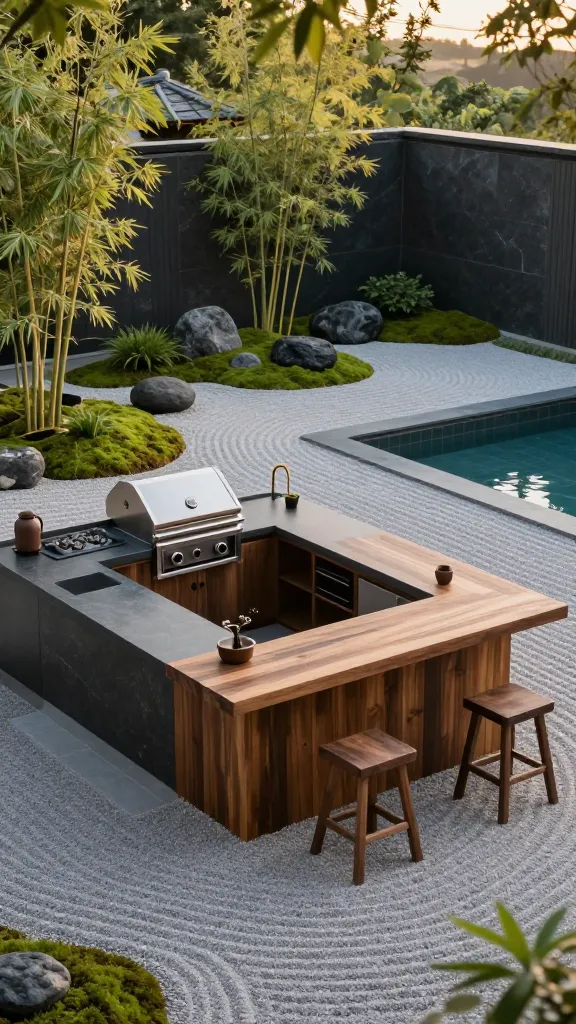 A high-angle, wide shot capturing a tranquil Zen Japanese garden-inspired outdoor kitchen and pool bar at golden hour. The elegant, low-profile bar is crafted from smooth, dark cedar wood with a sleek, dark grey slate countertop, serving as a calming focal point. Two minimalist, dark wooden stools are subtly placed for seating. The kitchen area seamlessly integrates into the natural landscape, featuring a built-in, minimalist stainless steel grill with dark finishes, set within dark natural stone cabinetry that blends with the garden. Nearby, a subtle bamboo water spout gently trickles into a small, pebble-lined basin, creating soft ambient sound. The surrounding garden features meticulously raked light grey gravel, strategically placed smooth dark river stones, lush green moss patches, and a few slender bamboo stalks, all bathed in warm, soft sunlight. In the background, a glimpse of a serene, dark-tiled swimming pool reflects the soft sky. The overall scene emphasizes clean lines, natural materials, and a harmonious connection to nature, evoking profound peace. Realistic, high-quality photograph, no text.