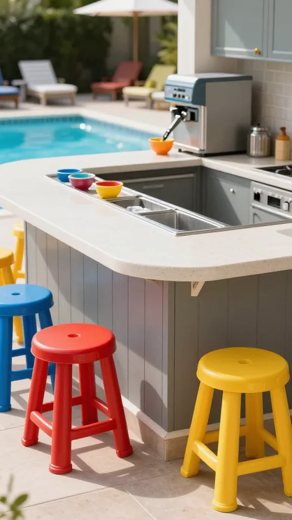 An inviting, sunlit outdoor kitchen and pool bar, designed as a family-friendly play zone. The central feature is a sleek bar with a durable, easy-to-clean composite countertop, seamlessly integrating a distinct lower counter section tailored for children. Several brightly colored (e.g., primary red, blue, yellow), sturdy plastic stools are neatly arranged at this lower section. The kitchen area, built into the bar structure, prominently features a built-in ice cream maker, with a scoop and small colorful bowls ready for use. Hints of a sparkling swimming pool and comfortable patio seating are visible in the background, suggesting a fun, active family environment. The scene is bathed in bright natural light, showcasing sharp details and realistic textures in a high-quality, ultra-realistic photograph. No text on images.