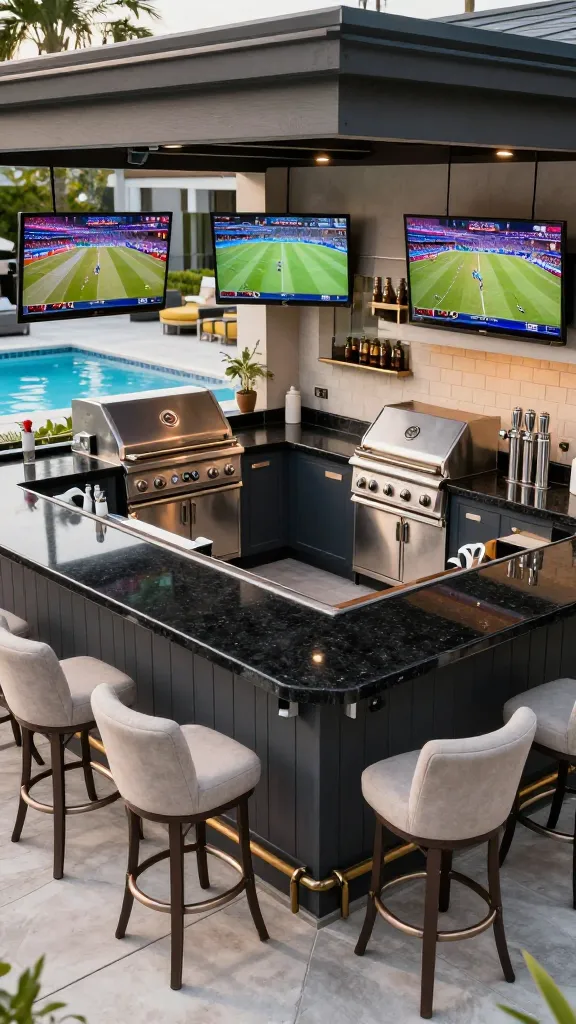 A high-resolution, professional photograph of a robust, L-shaped outdoor sports bar and kitchen, designed as the ultimate game day hub. The bar features a sleek, durable black granite countertop with numerous stylish, comfortable outdoor bar stools providing ample seating. Strategically positioned around the L-shape are multiple large, weatherproof flat-screen TVs, all actively displaying different sports games. The integrated kitchen area boasts a prominent stainless steel gas grill, a built-in deep fryer, and a gleaming stainless steel kegerator. The entire setup is situated within a luxurious outdoor entertainment space, with the inviting blue water of a swimming pool subtly visible in the background, hinting at its 'pool bar' function. The scene is vibrant and ready for a party, captured in bright, natural light, emphasizing premium materials and meticulous design. No text overlays or logos.