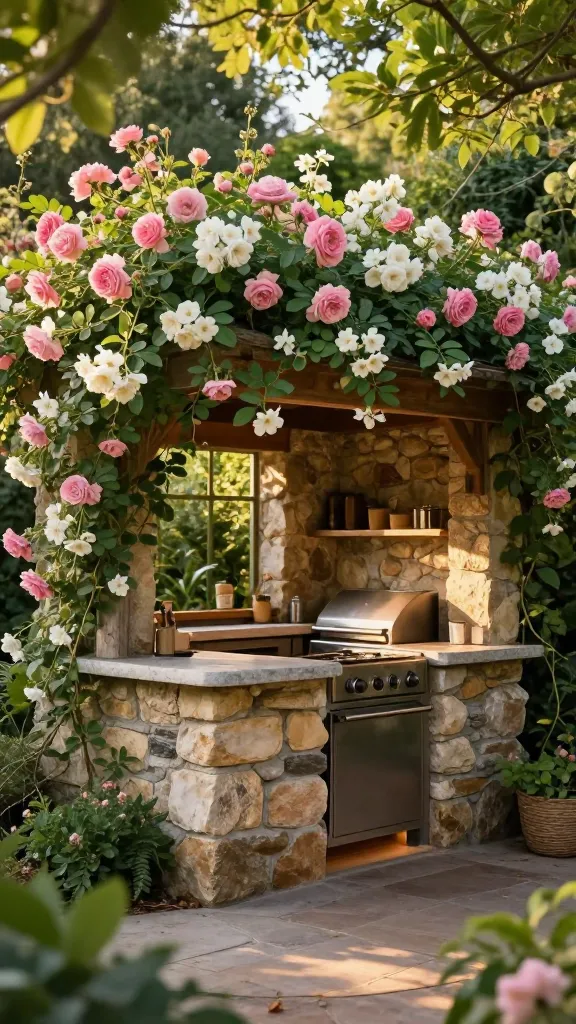 A high-resolution, eye-level photograph captures a charming, intimate outdoor kitchen and bar, meticulously tucked away within a lush, secret garden hideaway. The compact bar is built from aged, natural stone blocks, softened by fragrant climbing jasmine vines and vibrant pink and white climbing roses that envelop its structure. A small, inviting bluestone countertop provides a cozy surface. To its side, a discreet, smaller stainless steel grill and a compact prep sink are seamlessly integrated into the stone work, almost hidden by the dense, verdant foliage. Dappled, soft golden hour sunlight filters through the overhead canopy of leaves, creating a magical glow and highlighting the intricate textures of the stone, wood, and botanical elements. The overall scene exudes whimsical charm, privacy, and romantic natural beauty, appearing untouched and serene. Ultra-realistic, hyper-detailed, professional architectural photography.