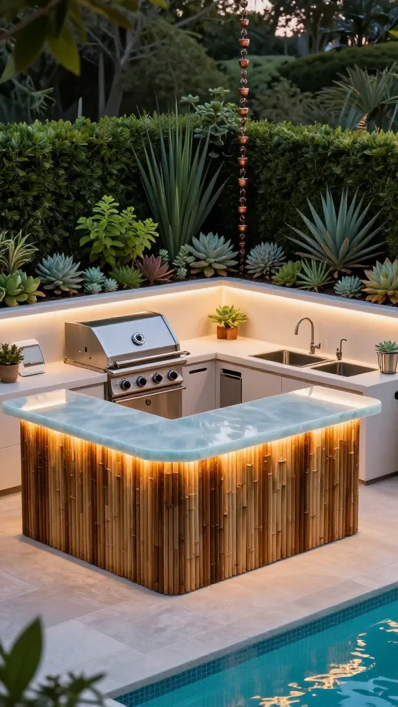 A high-quality, realistic photograph capturing a sustainable eco-chic outdoor kitchen and pool bar setup at dusk, bathed in soft, warm solar-powered lighting. The elegant bar is constructed from vertical slats of richly toned, sustainably sourced bamboo, topped with a smooth, subtly translucent recycled glass countertop that reflects the ambient glow. Integrated solar-powered LED strip lights illuminate the bar front and the clean-lined backsplash. The kitchen features a sleek, built-in energy-efficient stainless steel grill and a discreet, flush-mount composting bin integrated into the counter beside a deep, undermount sink. Lush, native greenery and drought-tolerant succulents spill from planters around the perimeter, with a decorative copper rain chain subtly positioned to guide water into a designated garden bed. The design seamlessly blends natural textures and modern efficiency, creating a luxurious yet environmentally conscious space adjacent to a glimmering pool, evoking smart, stylish sustainability.