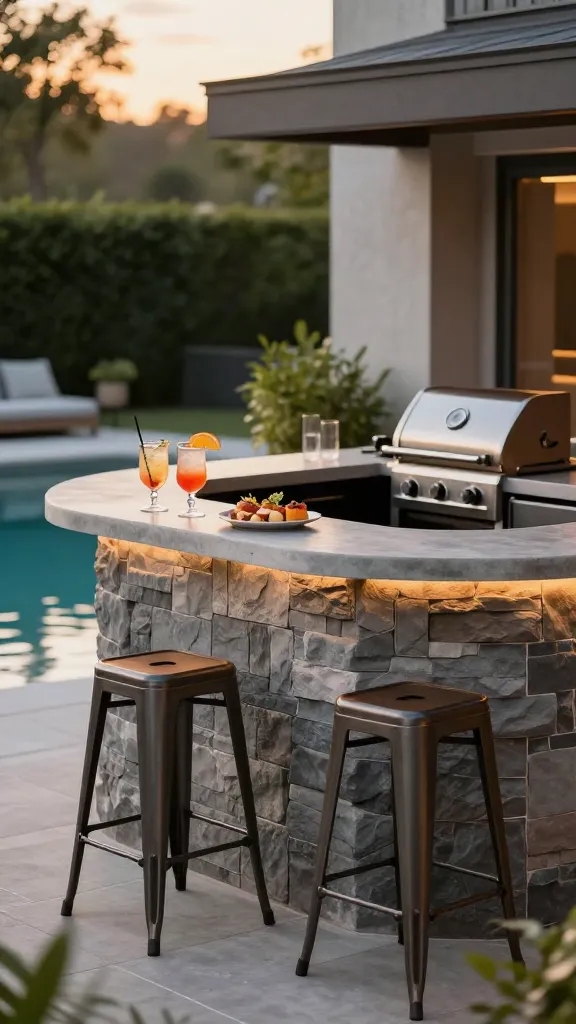 A realistic, high-resolution eye-level photograph capturing a stylish, compact L-shaped outdoor bar meticulously built into a tight corner of a contemporary backyard. The bar structure is clad in textured grey stacked stone veneer, topped with a narrow, smooth polished concrete countertop. Two sleek, dark metal folding bar stools are neatly positioned beneath the counter, emphasizing space efficiency. On the countertop, a couple of elegant glasses filled with vibrant cocktails garnished with citrus slices and a small plate of gourmet appetizers are artfully arranged. A high-quality, compact portable grill with a stainless steel finish is subtly integrated at one end of the L-shape. The scene is bathed in the warm, soft glow of golden hour, with subtle integrated LED strip lighting under the counter providing an inviting ambiance. In the softly blurred background, a glimpse of a tranquil swimming pool's edge with shimmering water reflects the warm light, hinting at the poolside setting. Lush, low-maintenance greenery and modern outdoor planters frame the intimate bar area.