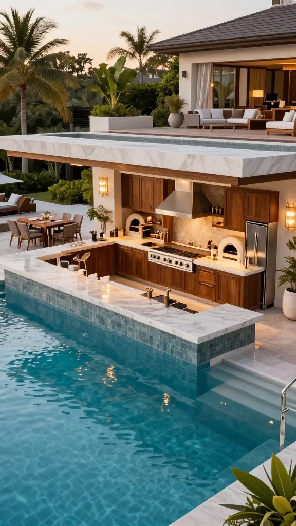 A grand, luxurious resort-style outdoor entertainment hub, captured in a wide-angle, high-definition photograph during late afternoon golden hour. The expansive scene features a sparkling, crystal-clear swimming pool with a seamless swim-up bar section. The sprawling outdoor bar boasts a thick, polished natural stone countertop, possibly a light marble with subtle veining, extending over premium, built-in dark wood outdoor cabinetry. Submerged bar stools are visible in the pool, inviting guests. Integrated into the bar structure, a fully loaded professional-grade outdoor kitchen showcases a large stainless steel grill, multiple side burners, a stylish stone-clad pizza oven, a discrete warming drawer, and a large integrated outdoor fridge. Adjacent to the kitchen, a chic dedicated dining area with a long teak table and elegant chairs is partially visible, while further in the background, a comfortable outdoor lounge area with plush seating hints at multiple zones for relaxation. Lush, manicured tropical landscaping, subtle integrated lighting, and elegant hardscaping complete the opulent backyard setting.