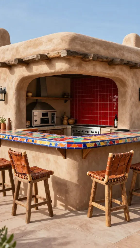 A high-quality, realistic photograph of a luxurious outdoor kitchen and pool bar, designed in a captivating Southwestern Adobe Adventure style. The focal point is a gracefully curved, adobe-style bar, rendered in a warm sandy beige, crowned with a vibrant, colorful mosaic tile countertop that catches the sun. A mix of woven leather bar stools and rustic wooden benches are positioned invitingly around the bar. The integrated kitchen area boasts a prominent built-in smoker, complemented by a bold chili-pepper red tile backsplash. The entire outdoor space exudes a laid-back, sun-drenched atmosphere, rich with earthy tones, natural textures, and subtle vibrant accents against a clear blue sky. No text.