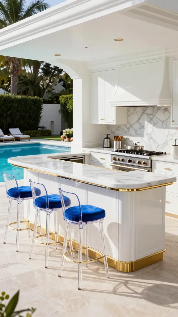 A luxurious, glamorous Hollywood Regency outdoor kitchen and pool bar, bathed in bright natural light. The showpiece is a sleek, lacquered white bar unit with polished gold accents, topped with a gleaming white marble countertop. Three transparent acrylic bar stools with plush sapphire blue velvet cushions are neatly arranged at the bar. Adjacent, the outdoor kitchen features high-gloss white cabinetry, integrated stainless steel appliances, and a matching marble backsplash. The entire setup is situated on a sophisticated polished stone patio next to a sparkling blue swimming pool, with lush, manicured landscaping and a hint of elegant outdoor decor in the background. The scene exudes sparkle, sophistication, and playful extravagance. High-resolution, realistic photograph.
