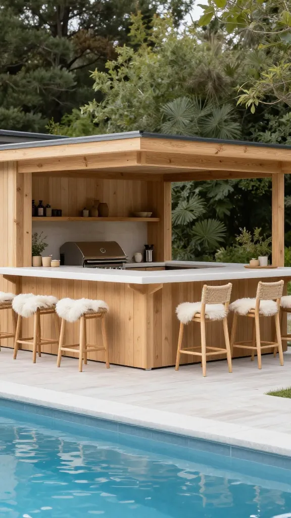 A high-quality, realistic wide-angle photograph capturing a serene Scandinavian Hygge outdoor kitchen and pool bar. The focal point is a clean-lined bar crafted from light-toned natural pine wood, topped with a smooth, matte white countertop. Adjacent to it, a minimalist built-in grill is integrated into a simple, functional kitchen setup. Several light wood bar stools with woven rope seats, each adorned with a soft, white sheepskin throw, are neatly arranged at the bar. The scene is set outdoors, beside a tranquil, sparkling blue swimming pool, with subtle, lush green foliage providing a natural backdrop. The overall atmosphere is warm, inviting, and bathed in soft, diffused natural light, emphasizing comfort, simplicity, and a deep connection to nature.
