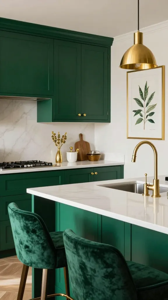 A realistic, high-quality professional photograph of a luxurious kitchen, exuding emerald glamour and gold accents. The space features sleek, high-gloss emerald green lower cabinetry paired with pristine crisp white quartz countertops. All cabinet hardware, the elegant faucet, and a striking pendant light above a central island are crafted from gleaming brass or gold. Plush emerald green velvet bar stools are neatly tucked under the island, adding a touch of opulent texture. On an adjacent wall, a sophisticated framed botanical print with delicate gold detailing enhances the jewel-box aesthetic. The lighting is warm and inviting, highlighting the rich tones and metallic gleam, creating an undeniably opulent and cozy atmosphere.