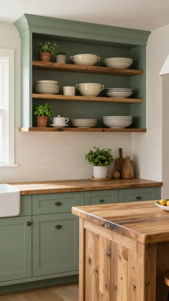 A high-resolution, realistic interior design photograph capturing a serene and welcoming farmhouse kitchen, bathed in soft, natural light. Dominant soft sage green shaker cabinets create a calming, earthy aesthetic, topped with warm, thick butcher block countertops. A distressed wood island base anchors the room, complementing the rustic feel. Above the counters, a cream or off-white subway tile backsplash extends. Open distressed wood shelving displays an artful collection of vintage cream-colored dishware and several small, vibrant potted herbs, enhancing the lived-in charm. All cabinetry features elegant wrought iron hardware. No text.