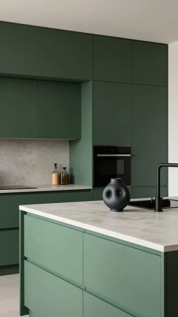 A high-quality, realistic photo of a sophisticated modern minimalist kitchen. The design features seamless, flat-panel, handle-less cabinetry in a deep, matte forest green finish. Light concrete countertops extend across the space, providing a sleek, cool contrast. All appliances are integrated and subtly hidden, maintaining an uncluttered, streamlined aesthetic. A minimalist black gooseneck faucet complements the dark accents. A single, striking sculptural vase in an abstract form sits elegantly on the counter as the refined focal point. The scene is bathed in bright, natural light, emphasizing the clean lines and intentional design choices, creating a warm yet bold contemporary atmosphere. No text on image.