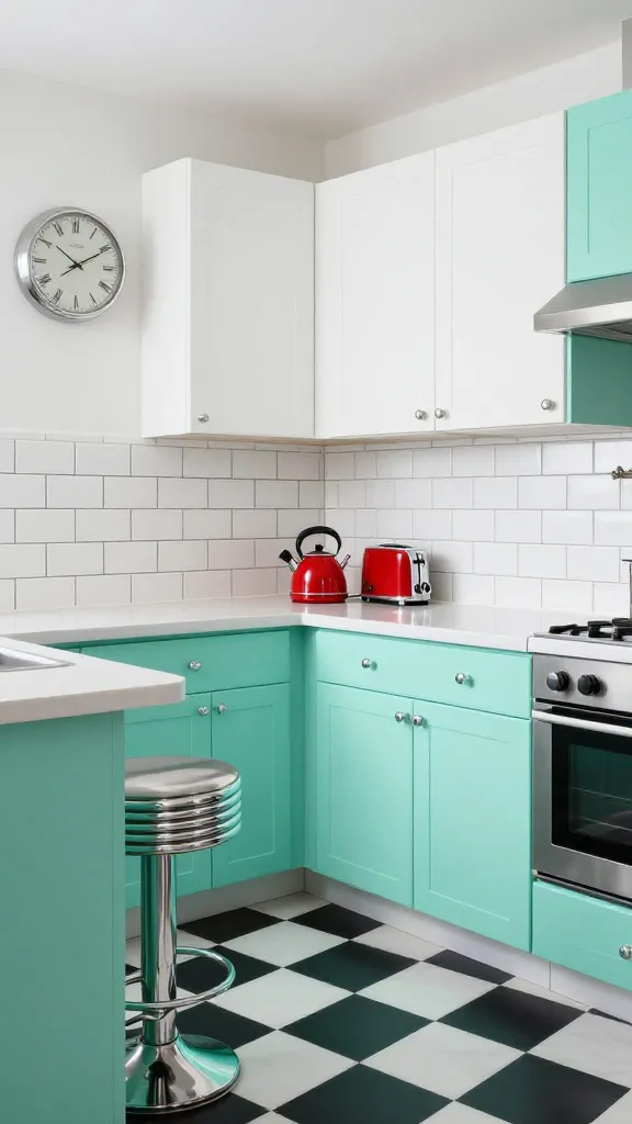 A vibrant, retro diner-inspired kitchen, bathed in bright, inviting light. The space features playful mint green lower cabinets paired with crisp white upper cabinets, creating a cheerful contrast. A classic black and white checkerboard floor anchors the design. The backsplash is composed of white subway tiles with dark, prominent grout. Shiny chrome hardware gleams on the cabinets, and a sleek chrome diner-style bar stool is pulled up to a counter. On the countertop, a bright red retro kettle and toaster add a lively pop of color. A vintage-inspired wall clock with chrome accents completes the nostalgic ambiance. This is a high-resolution, realistic photograph, showcasing meticulous interior design details, with no text overlay.
