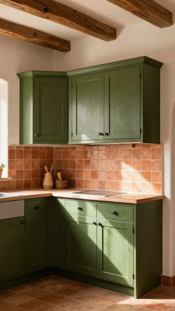 A high-quality, realistic photograph of a cozy Tuscan-style kitchen, bathed in warm, natural sunlight that highlights the rich textures. The prominent base and wall cabinets are a deep olive green with a subtly distressed, matte finish. A warm terracotta tile backsplash extends across the main cooking area, complementing the creamy off-white walls. Overhead, robust natural wood beams are clearly visible, adding authentic rustic charm. The overall atmosphere is inviting and evokes the sun-drenched beauty of the Italian countryside, with a focus on the harmonious olive green, terracotta, and wood tones. No text.