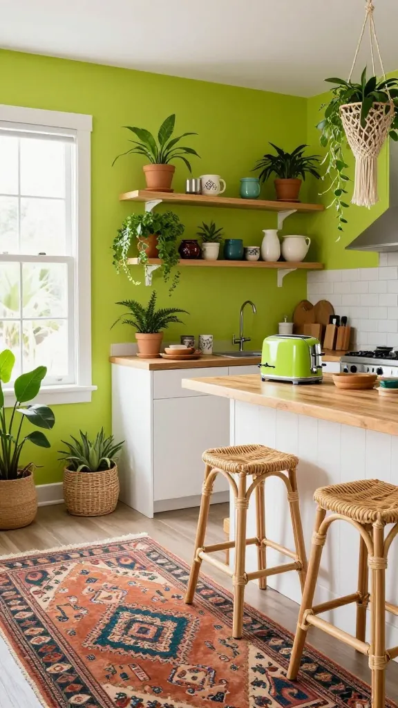 A vibrant, eclectic bohemian kitchen bursting with personality. A prominent accent wall is painted in a bold, energetic lime green, serving as a striking backdrop. Against this wall, open wooden shelves display a curated collection of lush potted plants, unique handcrafted pottery, and a macrame plant hanger with flowing greenery. On the floor, a large, richly patterned bohemian rug in warm, earthy tones with hints of terracotta and deep teal adds a global touch. Natural light streams through a large window, illuminating a light wood kitchen island with a butcher block countertop, where two rattan bar stools are neatly tucked. On the island, a statement lime green retro-style toaster or stand mixer stands out, subtly echoing the accent wall. Adjacent cabinetry is sleek and white, contrasting with a white subway tile backsplash. The space is filled with a delightful mix of textures – from the smooth ceramics and sleek appliances to the natural fibers of jute and rattan, creating an utterly charming and cozy atmosphere. High-resolution, realistic photo, natural lighting, inviting ambiance, no text.