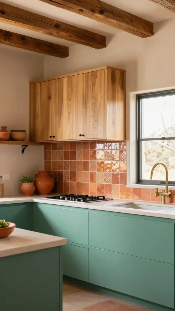A sun-drenched, inviting modern Southwestern kitchen, captured in a high-resolution, eye-level professional photograph. The lower cabinets are a serene, matte teal green, contrasting beautifully with natural light wood upper cabinets that feature subtle grain. A stunning backsplash dominates the wall, composed of terracotta tiles arranged in varied, subtle geometric patterns, reflecting the warm glow from a large window. Overhead, rustic exposed wooden beams traverse the ceiling, adding architectural character. On open shelves and countertops, an arrangement of desert-inspired hand-thrown pottery in earthy tones like burnt orange and sand, along with a small potted succulent, adds organic touches. The overall atmosphere is vibrant yet grounded, blending serene teal with warm terracotta and natural textures. Soft, warm natural light illuminates the space, creating subtle shadows and highlighting textures. No text.