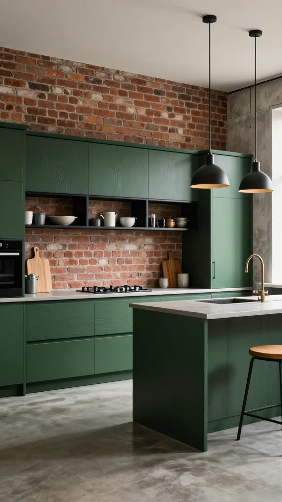A high-quality, realistic photograph capturing a sophisticated industrial loft kitchen bathed in soft, inviting natural light. Deep moss green kitchen cabinets, showcasing prominent visible wood grain, line the main wall, perfectly complementing a polished concrete floor and a rugged exposed red brick accent wall. Integrated black metal open shelving displays minimalist kitchenware above the countertops. Industrial-style black metal pendant lights hang gracefully over a central kitchen island. Subtle warm wood accents, such as a cutting board or a stool, are strategically placed to enhance the cozy, refined, yet distinctly industrial aesthetic. No text.