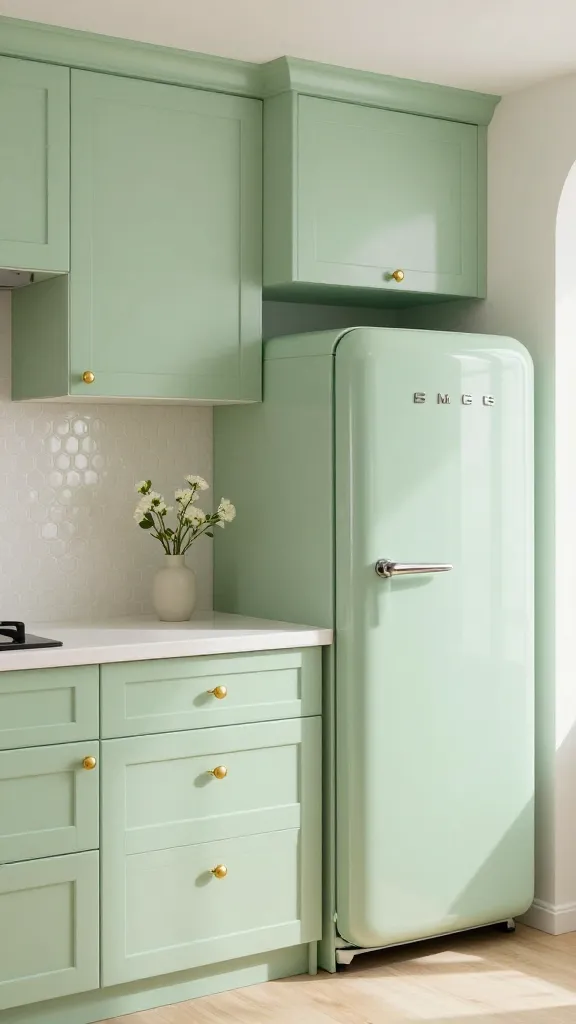 A high-quality, realistic photo of a light, airy, and utterly charming kitchen interior. The dominant color is a delicate pistachio green, featured on shaker-style cabinets with a subtle, almost imperceptible glaze, giving them depth. Creamy white quartz countertops provide a clean contrast, extending to a full backsplash made of small, glossy white penny tiles. Subtle gold hardware, including elegant drawer pulls and cabinet knobs, adds a touch of refinement. A vintage-inspired, pastel green Smeg-style refrigerator is prominently integrated into the design, complementing the overall aesthetic. On the countertop, a small vase holds delicate white floral stems, enhancing the gentle, whimsical atmosphere. Soft natural light streams into the space, highlighting the cozy, elegant, and vintage-inspired charm. No text.