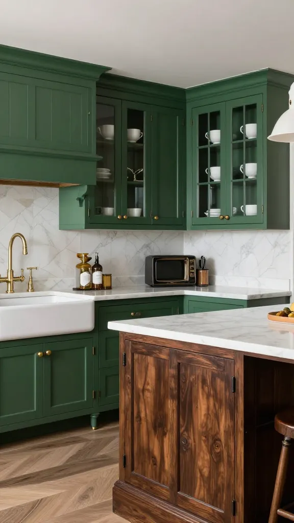 A high-quality, realistic photograph of a sophisticated and welcoming heritage kitchen. The space is defined by deep hunter green traditional paneled cabinetry, with some upper cabinets featuring elegant glass fronts subtly revealing classic white china. Gleaming white marble countertops complement a large, sturdy white farmhouse sink. All cabinet doors and drawers are fitted with classic brass or dark bronze hardware. A substantial, dark wooden island stands prominently in the center, grounding the timeless elegance of the room. Soft, natural light fills the kitchen, enhancing its established and inviting atmosphere.