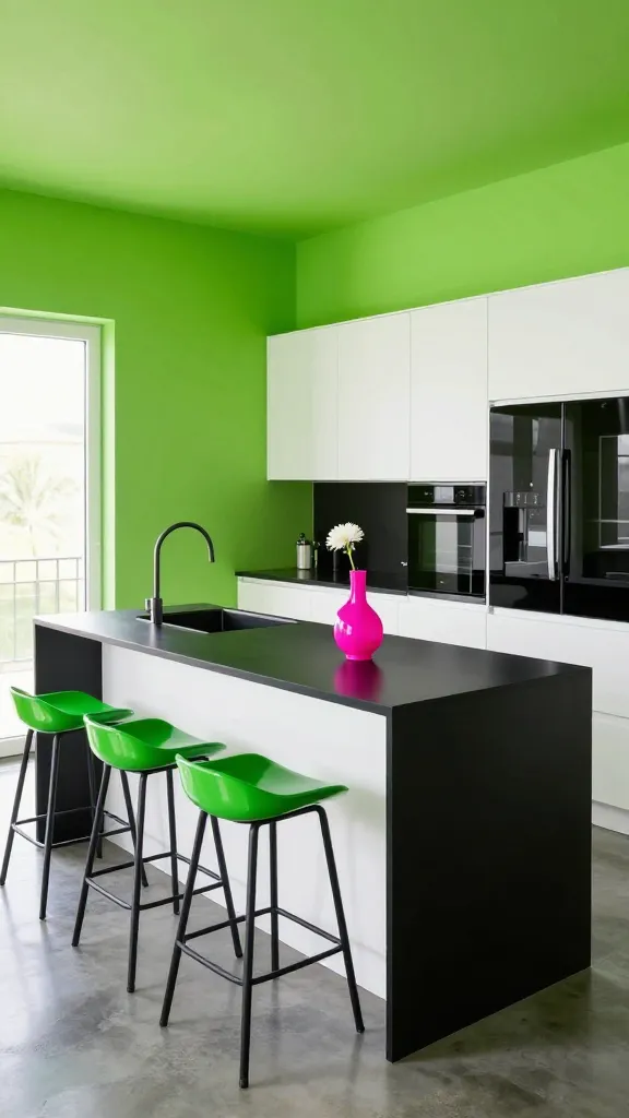 A wide, eye-level shot of a modern kitchen bursting with a vibrant, pop art-inspired aesthetic. A glossy, electric chartreuse green accent wall dominates the background, behind a sleek, minimalist kitchen island with a matte black countertop and integrated sink. Crisp white handleless base cabinetry and upper cabinets line an adjacent wall, contrasting sharply with a built-in black oven and a black refrigerator. A set of three bar stools with glossy chartreuse green seats and black metal legs are tucked under the island. A small, sculptural fuchsia pink vase holds a single white flower on the island countertop, providing a daring splash of contrasting color. The floor is polished concrete, and a large window brings in natural light. Bright, even lighting accentuates the glossy surfaces and sharp color contrasts, creating an energetic and playful atmosphere. High-resolution, realistic photograph, no text.