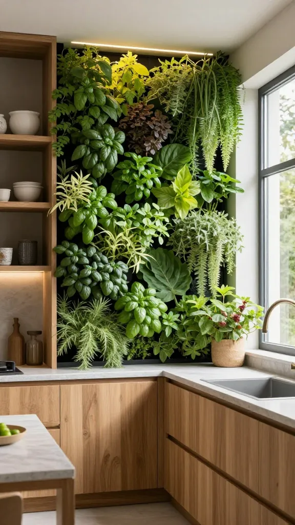 A high-quality, realistic photograph of a modern, inviting kitchen interior. The central feature is a stunning vertical garden integrated directly as the kitchen backsplash, teeming with a vibrant mix of fresh herbs like basil and mint, small leafy plants, and delicate cascading greenery. Subtle, warm-spectrum LED grow lights are discreetly integrated within the living wall system, illuminating the plants. The kitchen design incorporates natural light wood cabinetry, open shelving displaying artisanal pottery, and polished light grey stone countertops. Abundant natural light streams in from a large window, enhancing the fresh, organic, and botanical atmosphere. The overall aesthetic is cozy, unique, and deeply connected to nature, resembling a high-end interior design magazine spread. No text.