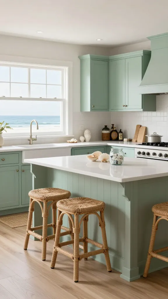 A realistic, high-quality photograph of a bright and serene coastal kitchen bathed in soft natural light. The kitchen features seafoam green shaker-style cabinets with subtle beadboard detailing, perfectly complemented by pristine white quartz countertops and a light natural wood floor. Crisp white trim frames a large window, allowing ample light to illuminate the space. Two elegant rattan counter stools are positioned at a central kitchen island. Subtle decorative shell accents are artfully arranged on the countertops, alongside a clear glass jar filled with sea glass. A small, natural jute runner rug lies near the sink area, enhancing the breezy, beachy ambiance. No text.