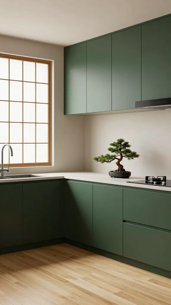 A realistic, high-quality photo of a tranquil kitchen designed with a Deep Jade Asian Zen aesthetic. The space is defined by smooth, dark jade green cabinetry featuring minimalist hardware, creating a profound sense of simplicity and balance. Light bamboo flooring stretches across the floor, providing a natural contrast. Windows are outfitted with elegant shoji screen-inspired treatments, allowing soft, diffused light to fill the room. A single, meticulously placed bonsai tree on a clean countertop serves as a focal point, adding a touch of natural beauty and serene energy. The overall scene embodies sophisticated calm and minimalist elegance, captured with natural lighting.