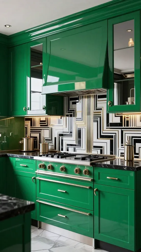 A high-quality, realistic interior photograph of a luxurious Art Deco kitchen, showcasing sparkling peridot green high-gloss lacquered cabinetry that reflects light with a sophisticated sheen. Polished chrome hardware gleams on all the cabinet doors and drawers, complementing the sleek design. A dramatic backsplash behind the range features a bold geometric pattern in black and white, accented with subtle gold lines, adding to the Art Deco glamour. Mirrored panels are strategically integrated into the upper cabinet design, enhancing the reflective and extravagant aesthetic. Sleek, polished nickel fixtures and a reflective countertop complete this sophisticated and opulent kitchen, bathed in elegant ambient lighting. No text.