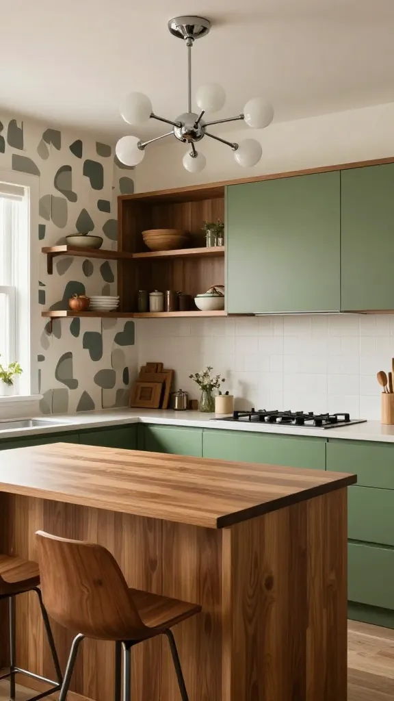 A cozy Mid-Century Modern kitchen, bathed in soft natural light, featuring simple, flat-front avocado green cabinets. Warm walnut wood accents are prominent, appearing as open shelving and a kitchen island countertop. A playful, abstract geometric patterned wallpaper adorns a feature wall, complementing the green and wood tones. A chrome Sputnik chandelier hangs centrally, illuminating a pair of Eames-style bar stools tucked neatly under the island. The scene is a realistic, high-quality photograph, showcasing clean lines and a warm, inviting retro atmosphere, with no text.