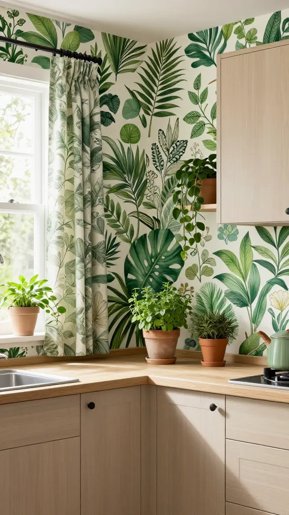 A high-quality, realistic photograph of a cozy kitchen featuring a vibrant, nature-inspired design. A prominent statement wall is adorned with lush green botanical wallpaper, showcasing intricate leaf and floral motifs in various shades of green. Complementary curtains with subtle botanical patterns hang at a window, framing a view of natural light. The kitchen features neutral, light wood cabinets and countertops, allowing the botanical prints to be the focal point. Several live plants in various sizes are strategically placed, including a small potted herb garden on the counter and a trailing plant in a ceramic pot hanging near the window, enhancing the flourishing garden atmosphere. The lighting is bright and natural, creating a warm, inviting, and charming ambiance. No text on the image.