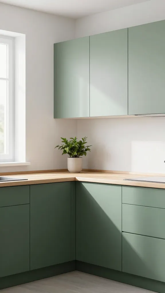 A high-quality, realistic photograph of a serene Scandinavian kitchen, embodying simplicity and hygge. The kitchen features light sage green upper cabinets paired with deeper forest green lower cabinets, creating a subtle two-tone visual interest. Blonde wood countertops, such as birch or ash, provide a warm, natural contrast. Crisp white walls reflect abundant natural light streaming in, making the space feel bright and airy. The overall aesthetic is uncluttered and functional, with minimalist decor elements like a simple potted green plant on the counter, enhancing the cozy yet clean atmosphere. No text on image.