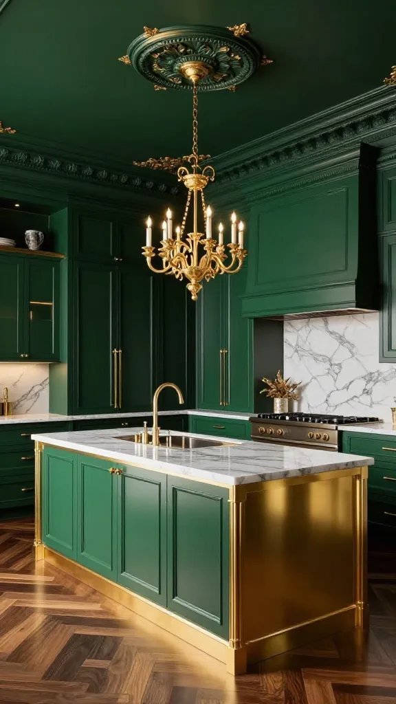 A wide, ultra-realistic, high-resolution architectural photograph of an incredibly opulent and sophisticated kitchen. Floor-to-ceiling custom cabinetry, painted in a deep, dramatic dark emerald green with intricate classical molding, lines the walls, adorned with gleaming gold hardware. A magnificent, large central island features a stunning gold-veined white marble countertop, reflecting the ambient light. Above the island, a grand, ornate gold statement chandelier hangs as a focal point. The dark green ceiling is subtly enhanced with delicate gold-leaf detailing. Polished dark wood flooring adds to the luxurious atmosphere. The scene is bathed in soft, natural light, highlighting the rich textures and exquisite craftsmanship, conveying an air of unparalleled luxury and refined elegance. No text.